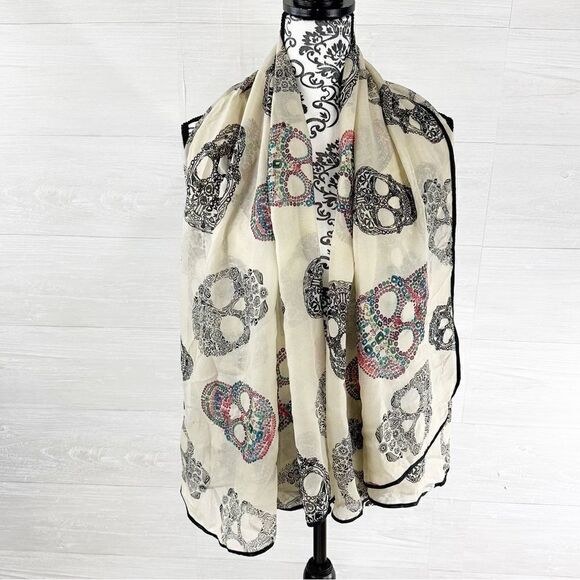 Day of The Dead Skull & Floral Silk Blend Sheer Large Scarf - Picture 1 of 7